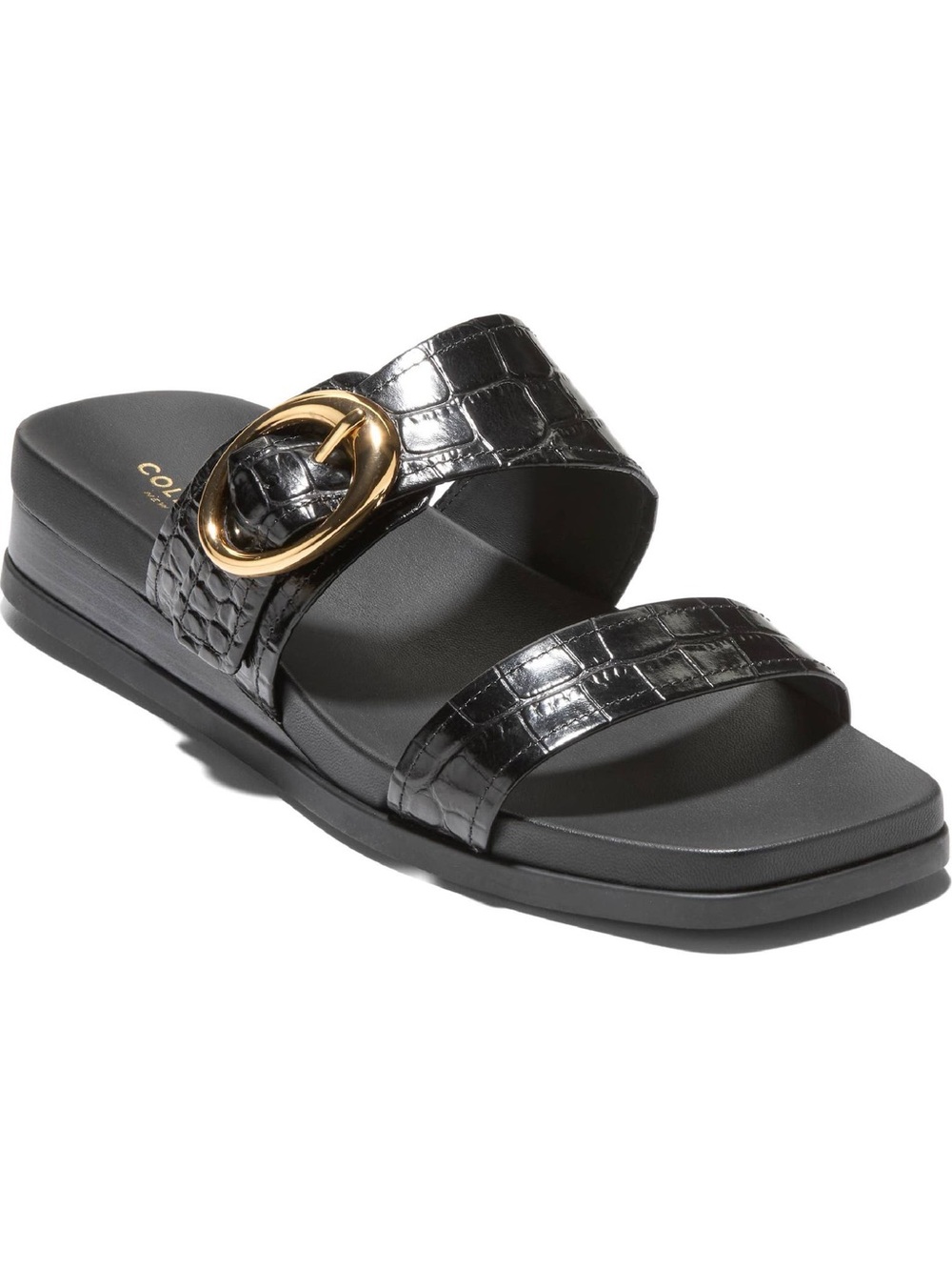 Cole Haan Oaklynn Wedge Sandal Croc-Embossed with Gold Buckle